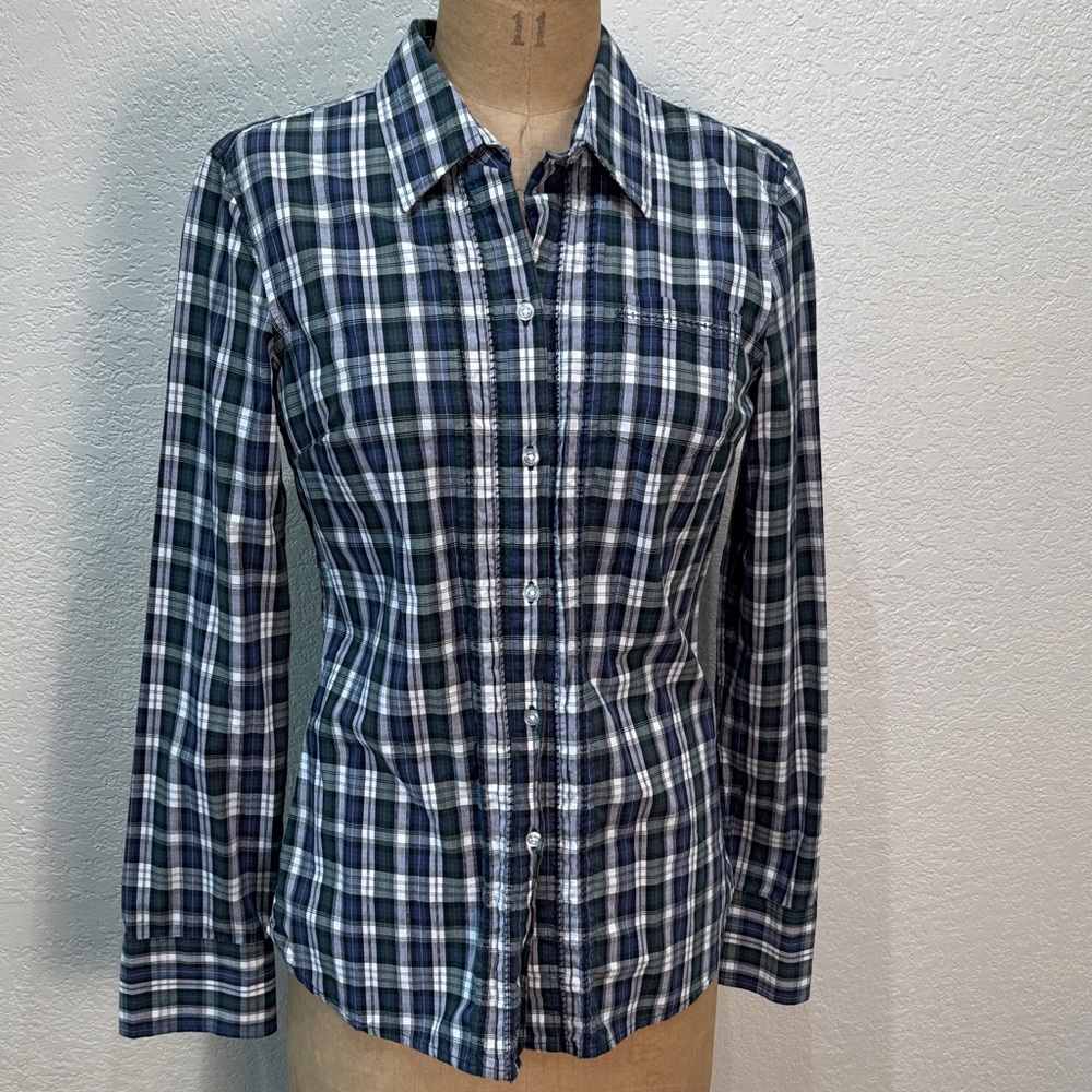 American‎ Eagle Women's Size 6 Green Blue Plaid Button-Up Long Sleeve Shirt